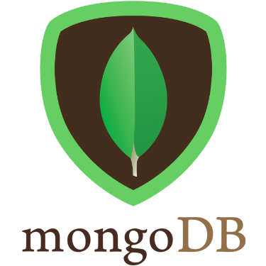 Mongo DB written in brown with a logo above in the shape of a shield with brown background and green border. There is a green leaf in the center of the logo.